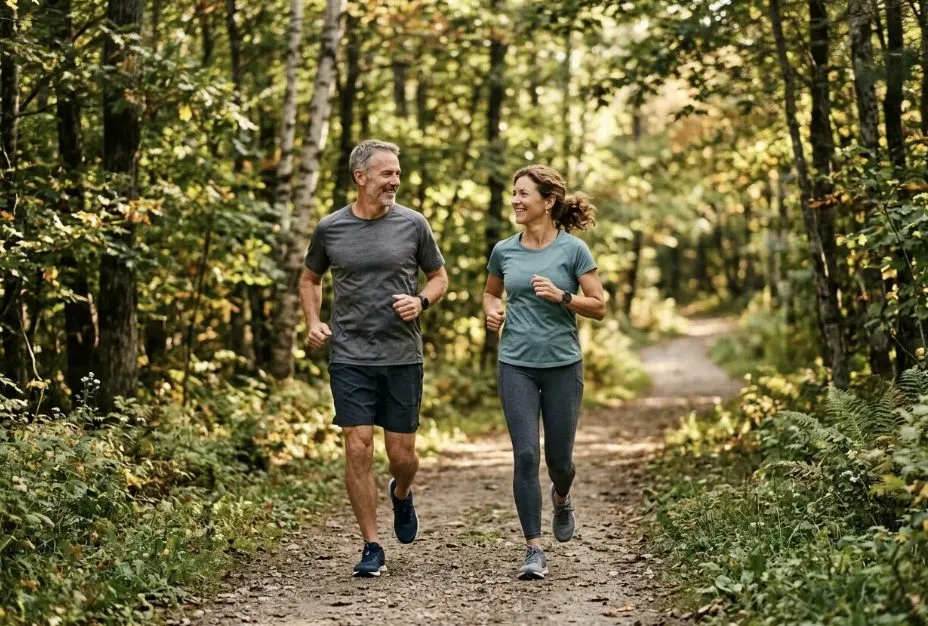 Two runners aged 50 running together through woodland trail
